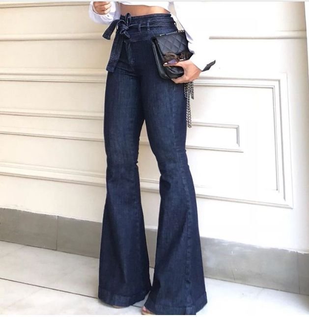 Sexy Women's High Waist Hip Lift Lace Up Flare Pants Wide Leg Pants Jeans