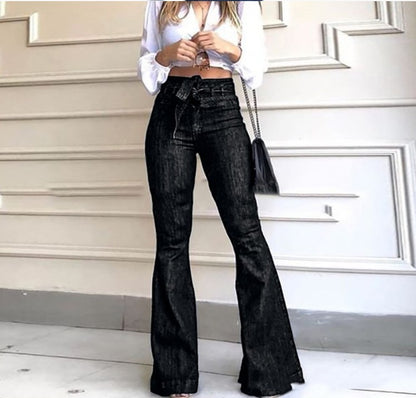 Sexy Women's High Waist Hip Lift Lace Up Flare Pants Wide Leg Pants Jeans