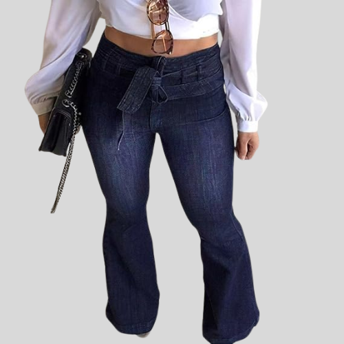 Sexy Women's High Waist Hip Lift Lace Up Flare Pants Wide Leg Pants Jeans