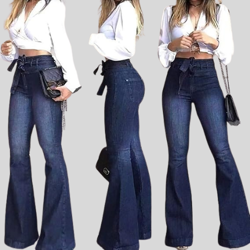 Sexy Women's High Waist Hip Lift Lace Up Flare Pants Wide Leg Pants Jeans