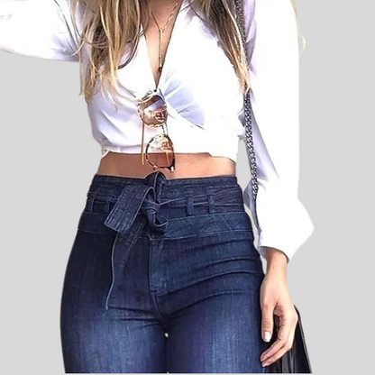 Sexy Women's High Waist Hip Lift Lace Up Flare Pants Wide Leg Pants Jeans