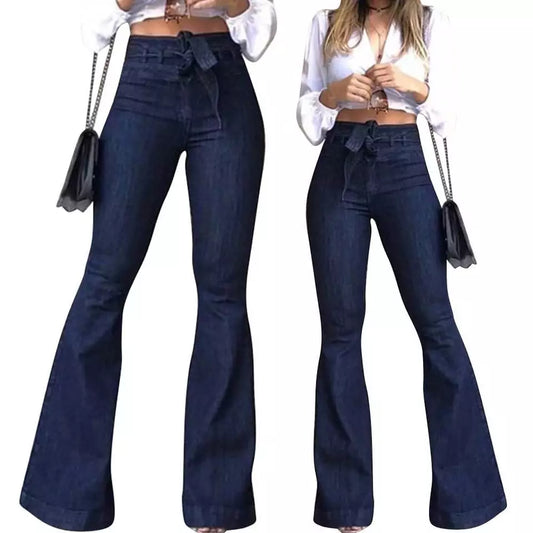 Sexy Women's High Waist Hip Lift Lace Up Flare Pants Wide Leg Pants Jeans