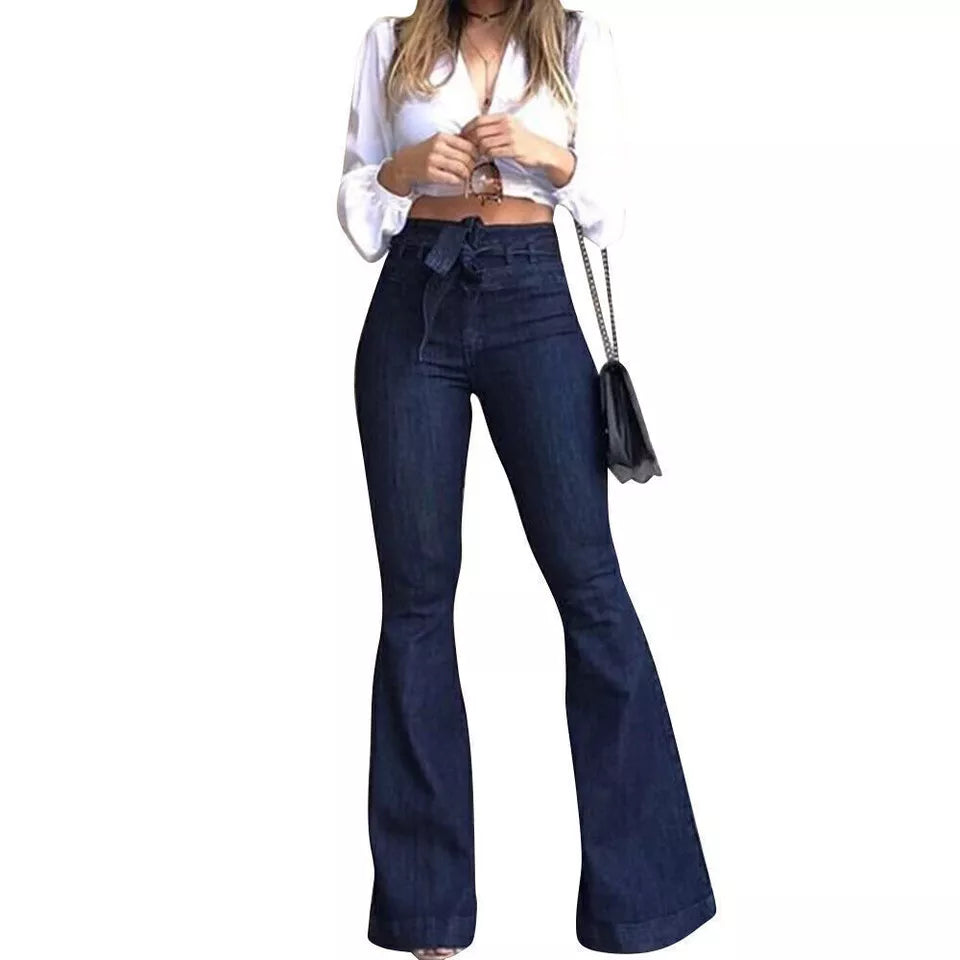 Sexy Women's High Waist Hip Lift Lace Up Flare Pants Wide Leg Pants Jeans