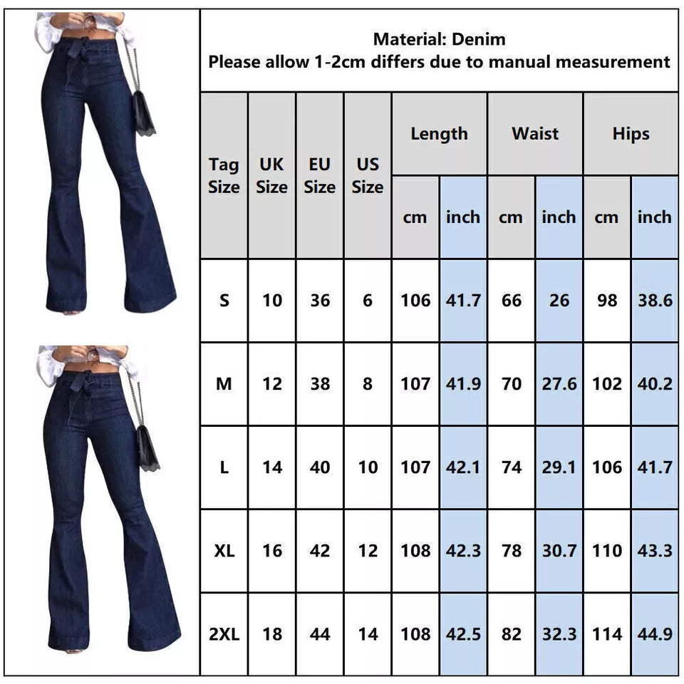 Sexy Women's High Waist Hip Lift Lace Up Flare Pants Wide Leg Pants Jeans